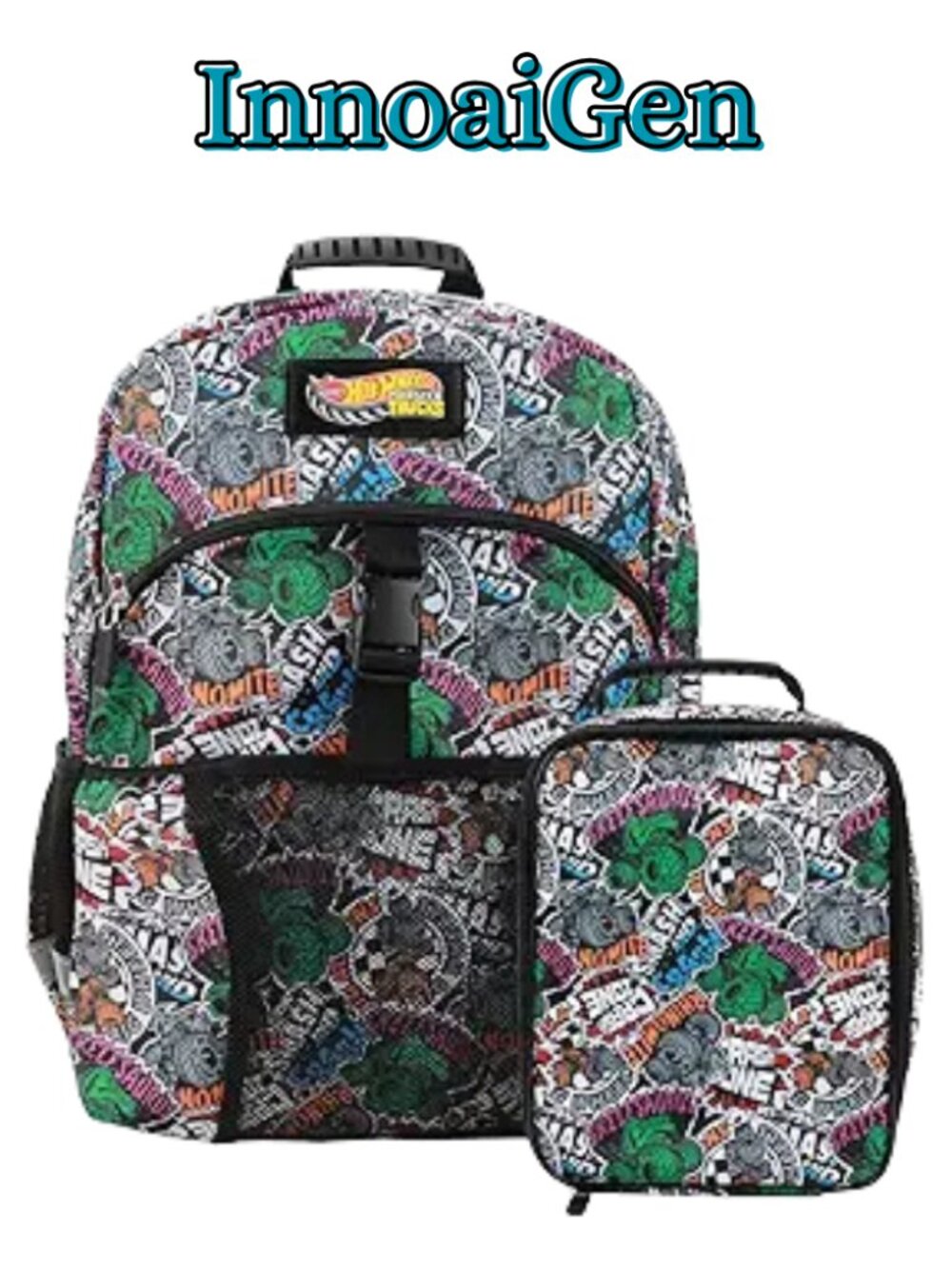 Hot Wheels Monster Trucks Backpack & Lunch Box Set Black Green Sticker Bomb NWT